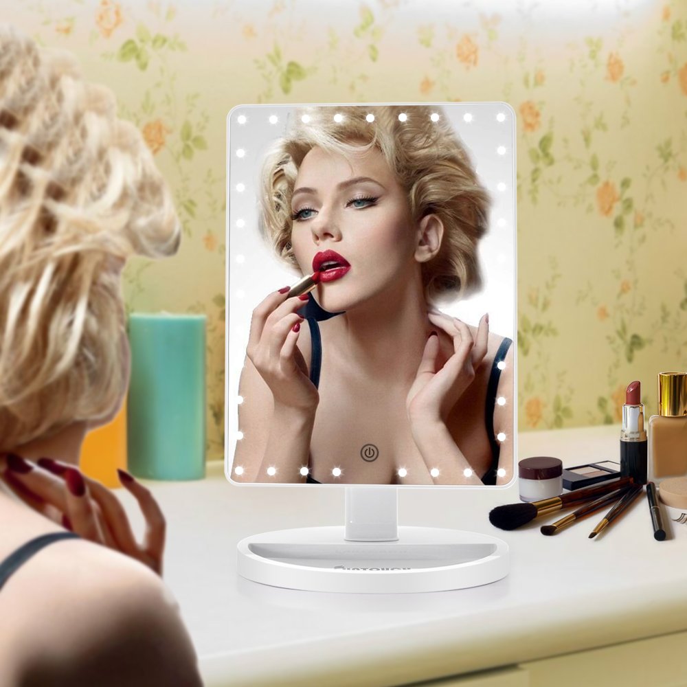 Large Lighted Vanity Makeup Mirror (X-Large Model), Funtouch Light Up Mirror with 35 LED Lights, Touch Screen and 10X Magnification Mirror, 360° Rotation Tabletop Cosmetic Mirror (White) : Beauty