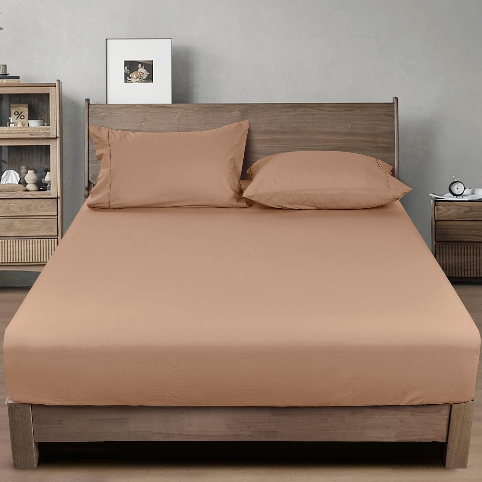 Photo 1 of PHF 100% Garment Washed Cotton Fitted Sheet Queen Size - Cozy Cloud Soft Linen Like Bottom Sheet Only with Elastic Deep Pockets, Easy Fit Breathable Warm not Shrink,60"x 80",Camel,No Pillowcase