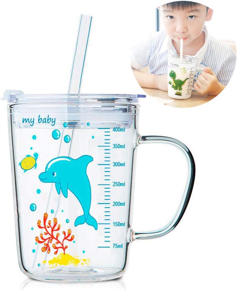 Verre Transparent 400 Ml Apprendre A Boire Une Tasse De Formateur Tasse A Lait Pour Enfants Avec Paille Une Jolie Tasse Pour Boire Au Micro Ondes Avec Un Couvercle Anti Fuite Pour Tout Petit Enfants