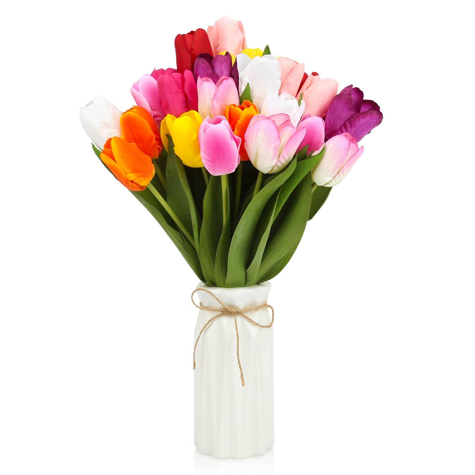 Photo 1 of 27pcs Colorful Artificial Flowers Tulips, Tulips with 1pc Plastic Vase, Fake Flowers Real Touch Flower 13.9", Christmas, Mother's Day, Easter, Valentine's Day, Family Kitchen, Wedding Decorations