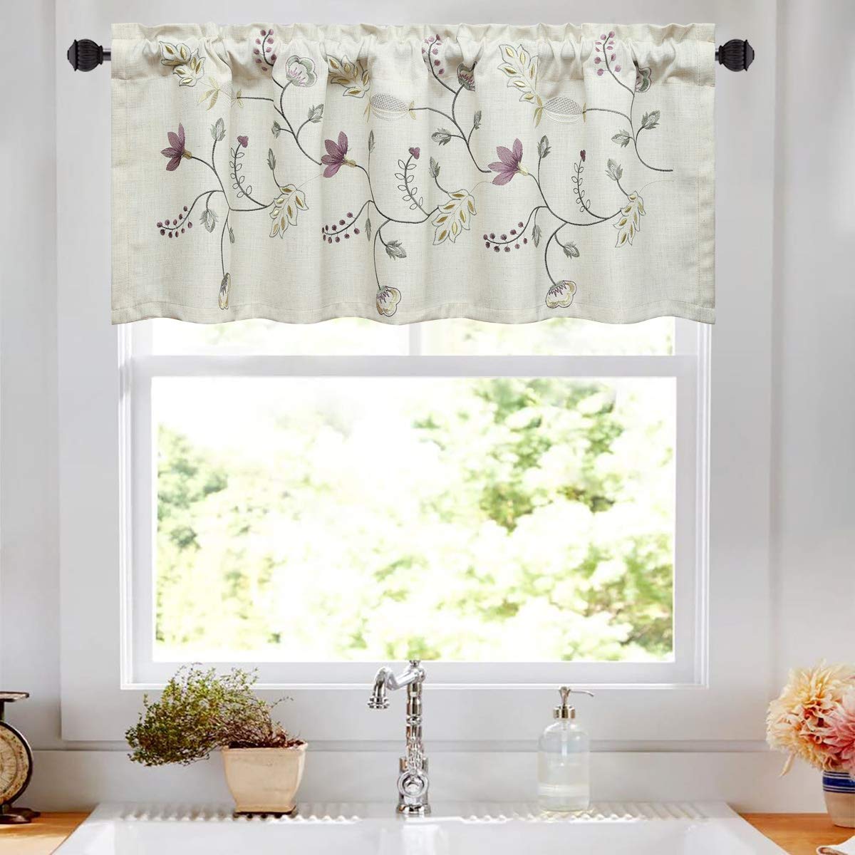 VOGOL Floral Blossoming Valances for Living Room, Purple Flower Embroidery White Linen Curtain Valances for Bedroom Kitchen Dining Room Rod Pocket 18 Inches Long, One Panel
