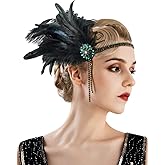 SWEETV 1920s Headpiece Flapper Headband, Rhinestone Pearl Feather Hair Band Great Gatsby Headpiece Accessoreis for Women,Green