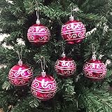 PEPPERLONELY 6PC/Pack Shatterproof Christmas Ball Ornaments 70mm (2-3/4 Inch) - Hot Pink/Silver Swirl