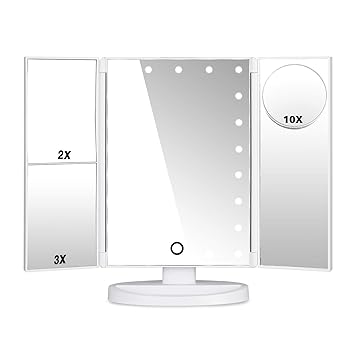 Amazon Com Hamswan Makeup Vanity Mirror With Lights 180 Trifold Mirror With Touch Screen 10x 3x 2x 1x Magnification Cosmetic Mirror Dual Power Supply 21 Led Lighted Up Mirror Beauty