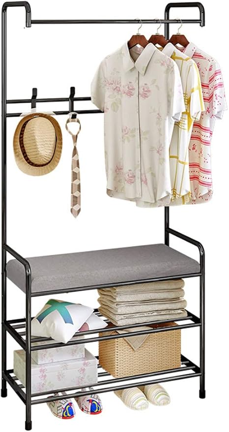 Amazon Fkuo インダストリアル 玄関 ホールツリー 3イン1 デザイン コートラック 靴ベンチ 玄関 収納棚 オーガナイザー 2 Tier With Bench ブラック シューズラック オンライン通販