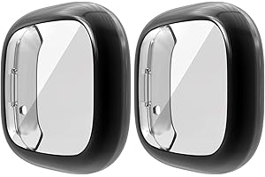 HANKN 2 Pack Screen Protector Case Compatible with Fitbit Versa 3 / Sense, Full Coverage Soft TPU Protective Cover Bumper (Black+Black)