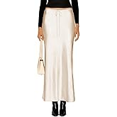 VividHarbor Women's Drawstring Satin Maxi Skirt High Waist Silk A Line Flowy Long Skirts