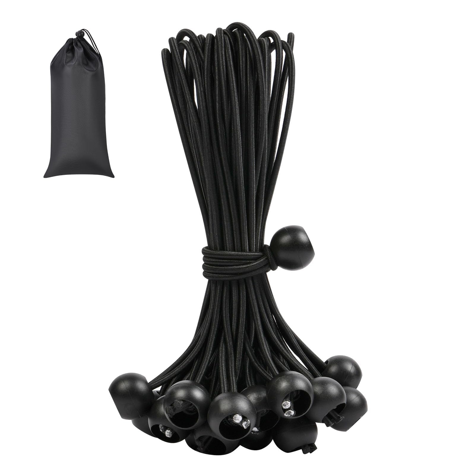 Adiwo Bungee Cord with Balls, 25 Pcs 8 Inch Tarpaulin Bungee Cords, Heavy Duty Elastic Bungee Ball Cords, Flexible Adjustable Black Bungee Straps for Tent, Camping, Household Items, Canopies, Flags