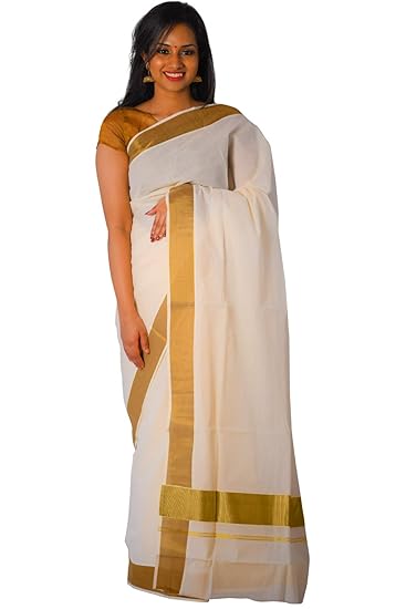 Women's Plain Mixed Fabric Poly Cotton Kasavu Saree with 3x2 Border (Cream)