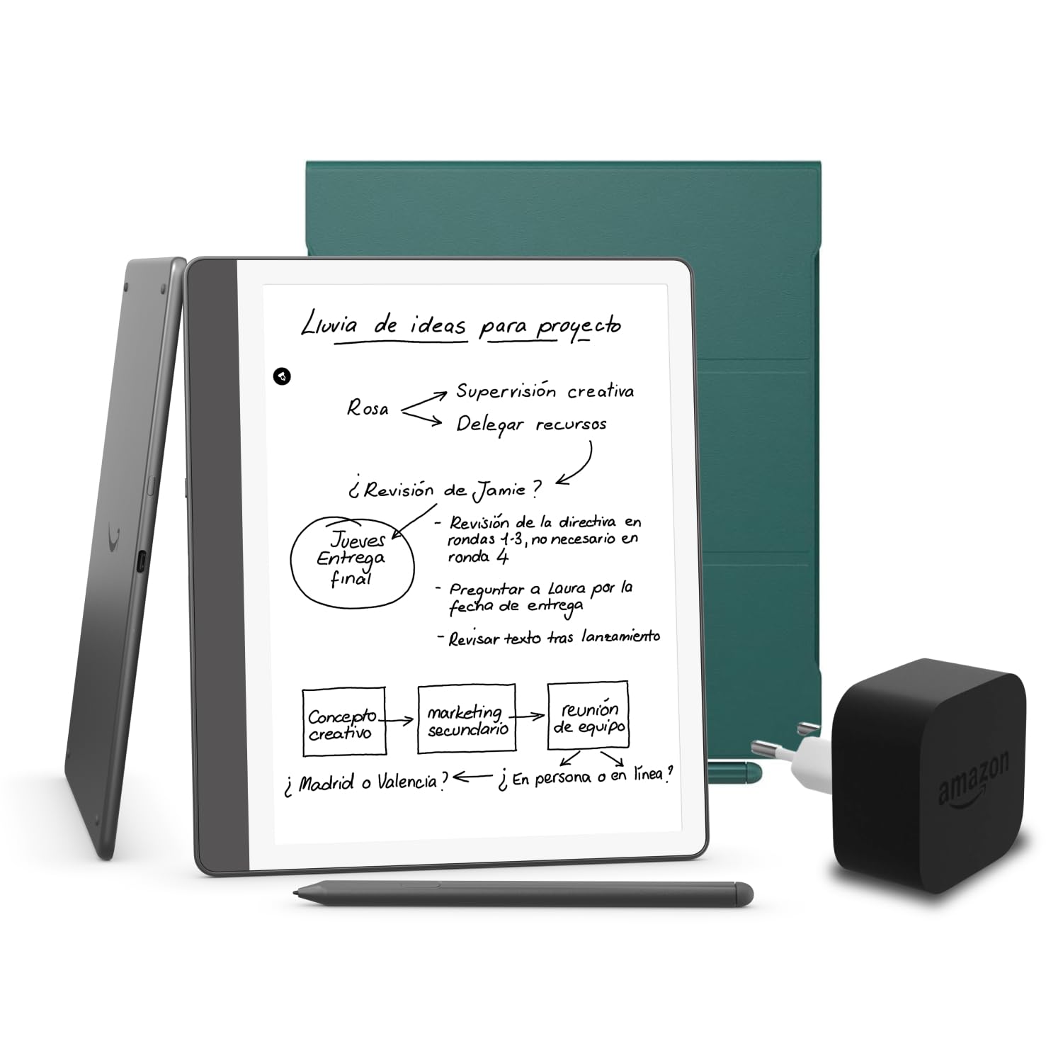 Kindle Scribe (versión 2024) de 32 GB, una funda basada en plantas de Amazon y un adaptador de corriente Amazon Powerfast de 9 W