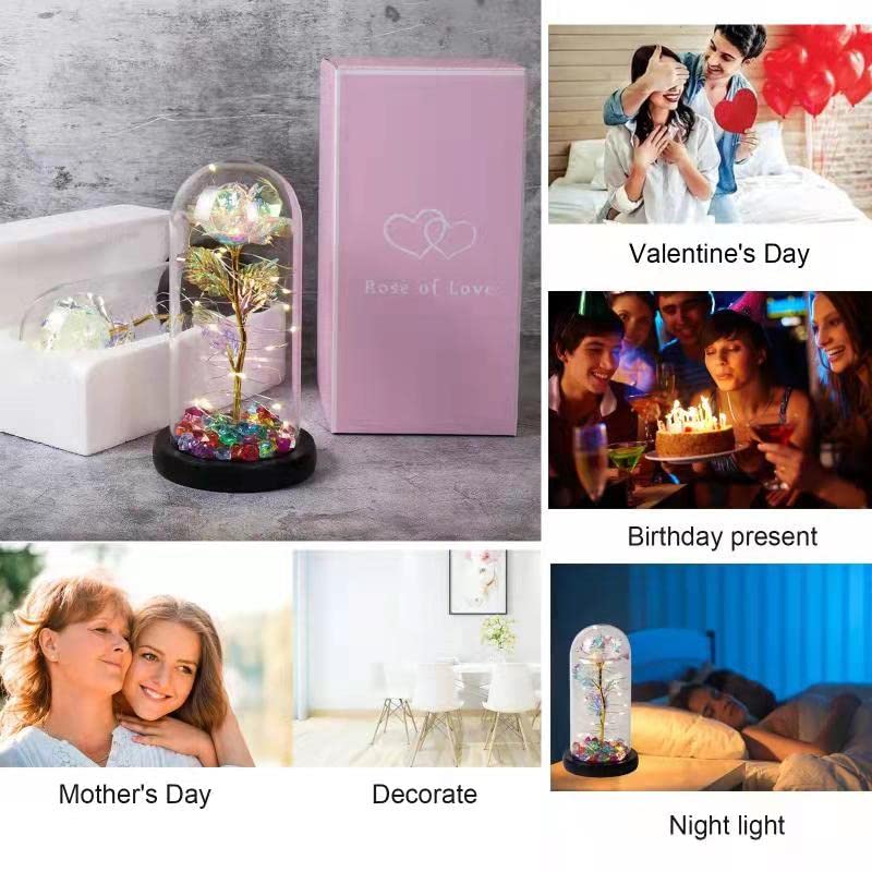 AIMOOYI Glass Rose Flower Gift for Women, Forever Galaxy Rose in Glass Dome with I Love You Necklace for Her, Crystal Rose Light Up Flower Decoration for Mom,Valentine\'s Day, Birthday,Anniversary