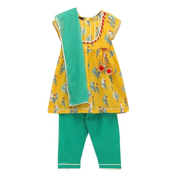 Peaches By Hopscotch Baby Girls Cotton Birds Print Short Sleeves Kameez With Salwar Set in Yellow Color