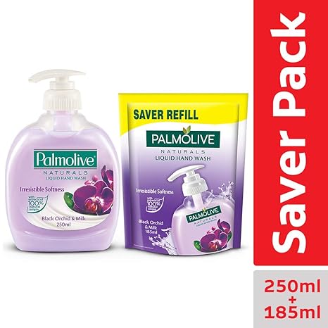 Palmolive Orchid and Milk Black Natural Hand Wash, 250ml with Black Orchid and Milk Doy Liquid Handwash, 185ml