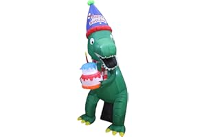 Blossom Inflatables 7 Foot Tall Happy Birthday Inflatable Green Dinosaur with Cake and Candle Pre-Lit LED Lights Lighted Blowup Party Decoration for Outdoor Indoor Home Garden Family Prop Yard