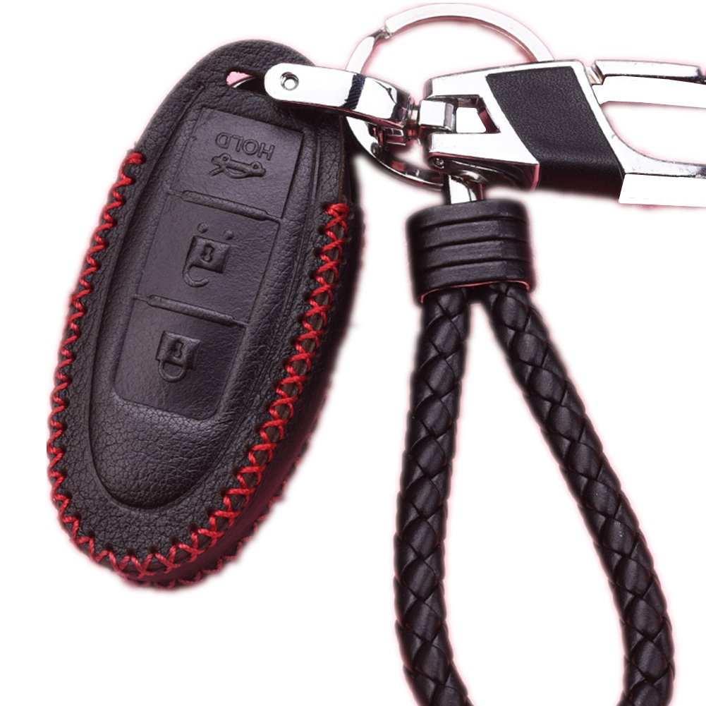 WAFERN Leather Car Keyless Entry Remote Control Smart Key Fob Case Cover with Braided Key Chain & Key Rings for Nissan Pathfinder Versa Juke 370Z Murano Rogue (3 Button) (Black)