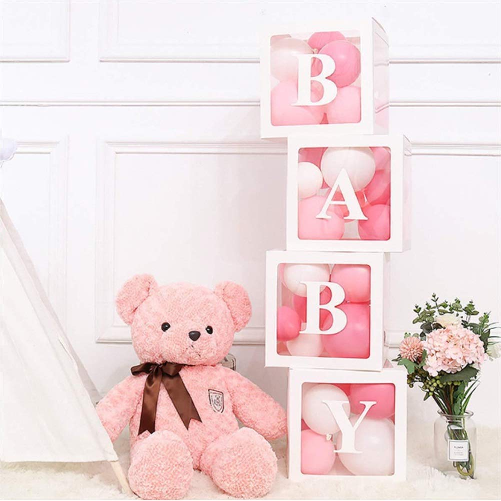 Wlonline Kit De Caja De Decoraciones De Baby Shower 4 Piezas De Cajas De Baby Shower Cuadradas Transparentes Blancas Que Incluyen Letras Baby Para Girl Boy Para Suministros De Fiesta Tematica Accesorios