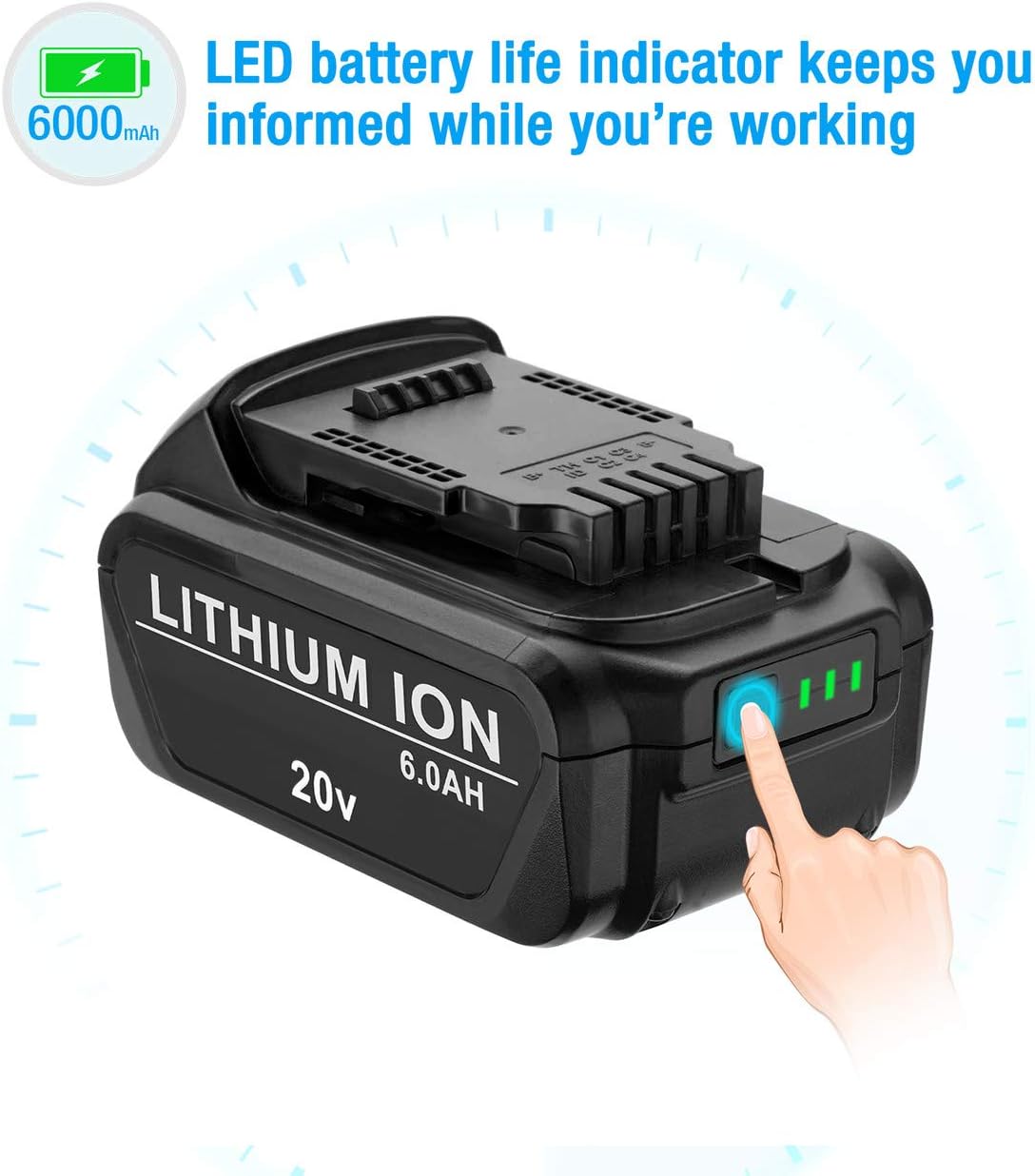 Upgraded 6.0Ah 20V Replacement Battery Compatible with Dewalt 20V Max XR DCB205 DCB204 DCB206 DCB205-2 DCB200-2 DCB180 DCD985B DCB200 Dewalt DCD/DCF/DCG Series 2 Pack - - 