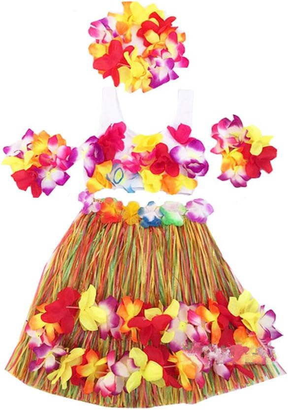Kids Girl's Elastic Hawaiian Hula Dancer Grass Skirt with Top and Hawaiian Flower Costume Set
