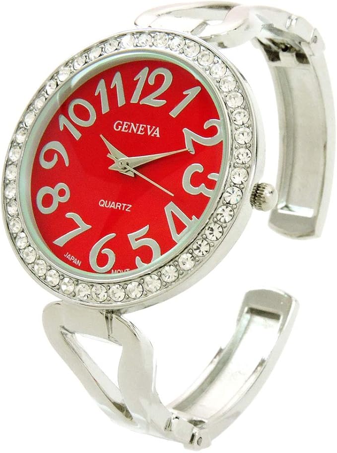 Amazon Co Jp シルバーレッドクリスタルベゼル 大きな文字盤 見やすいレディースバングルカフウォッチ 腕時計