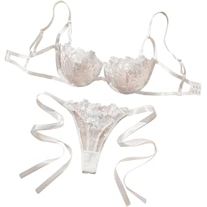 Lilosy Sexy Lingerie Set 2 Piece Women Bra and Panty | Tie Side Cute Sheer Push Up Embroidered Mesh Bridal Wedding Matching S