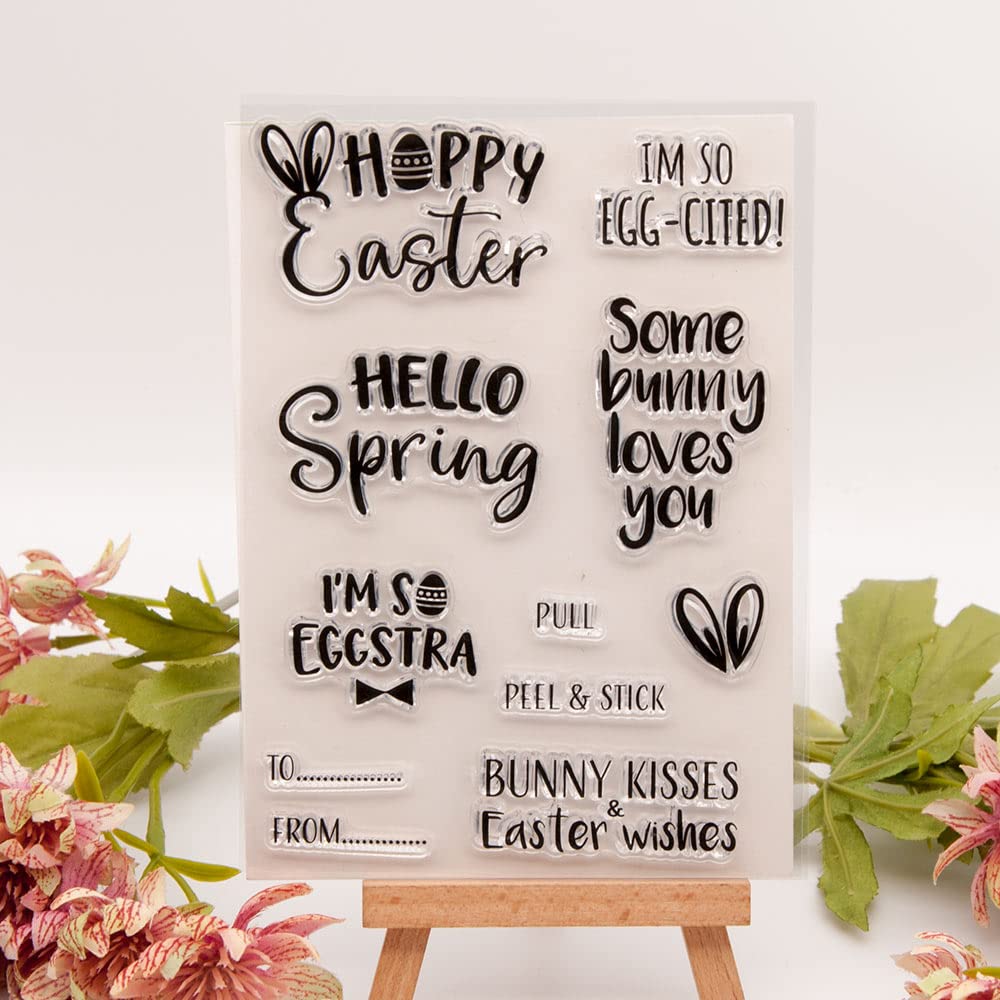 Joyful Home Happy Easter Hello Spring Bunny Wishes Rubber Clear Stamp for Card Making Decoration and Scrapbooking