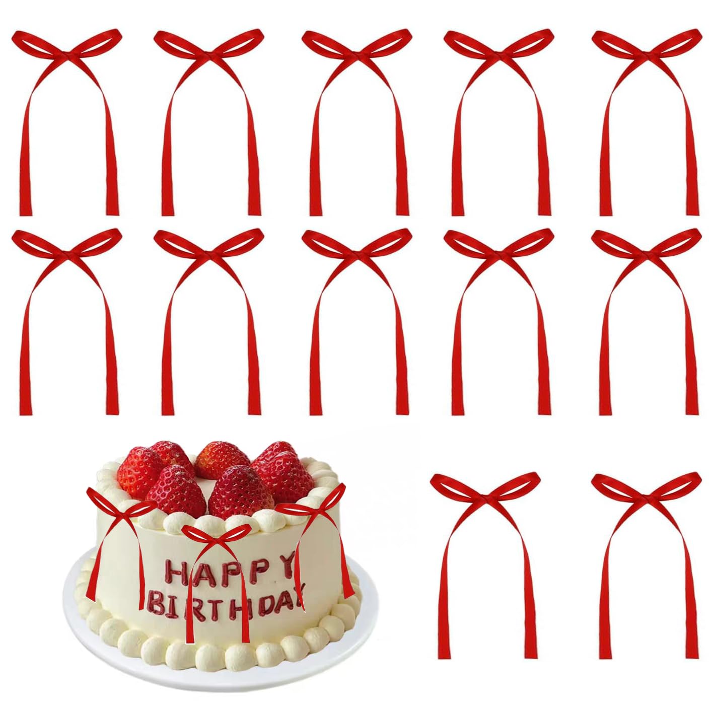 Photo 1 of 20 PCS Red Bow Cupcake Toppers?Red Ribbon Bow Cake Decorations?Bowknot Ribbons Coquette, High Footed Cup Balloon Wall Party Decorations?Bridal Wedding Cake Dessert Baby Party Supplies
