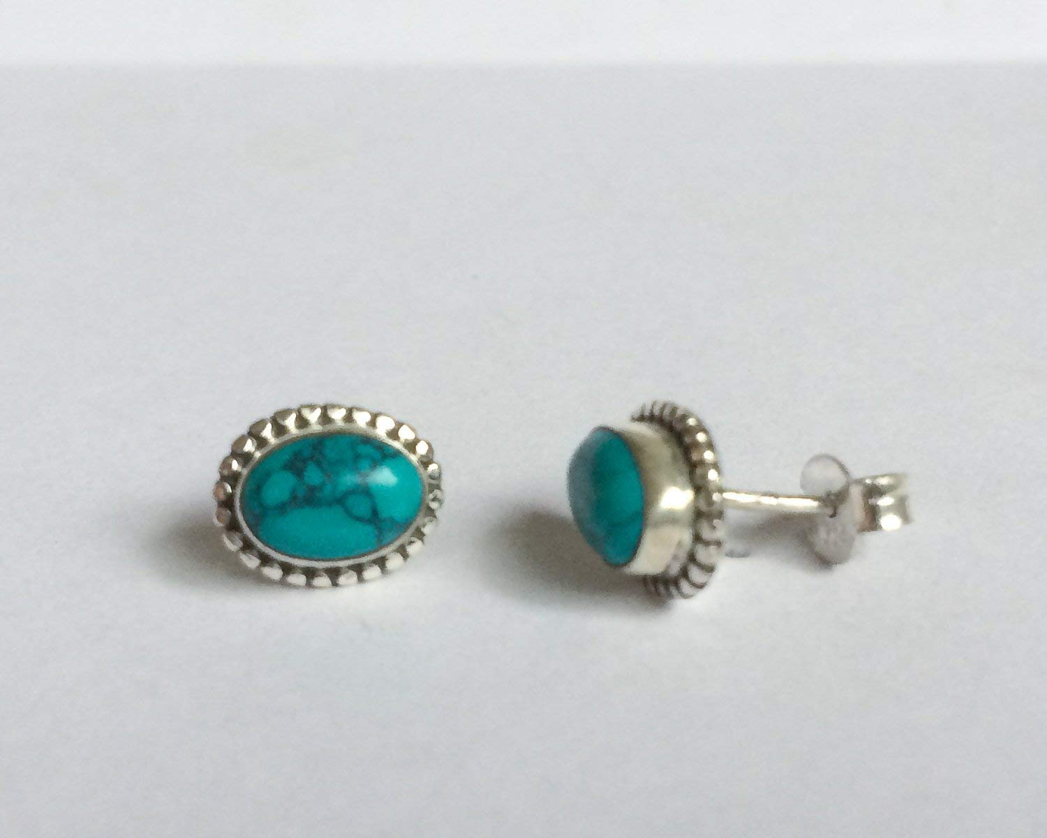 Turquoise Stud Earrings, Natural Turquoise Sterling Studs, Red Gem Stud