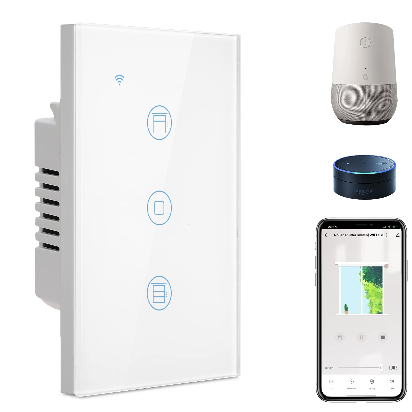 Photo 1 of BSEED WiFi Smart Roller Shutter Switch,Smart Blind Switch Compatible with Alexa Echo and Google Home,Remote Control with Smart Life/Tuya APP, Glass Panel WiFi Touch Switch White(Neutral Wire Required)