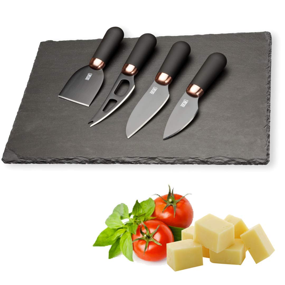Slate Cheese Board & Cheese Knife Set - Anti Bacterial Black Ceramic Coated, Black Blades And Back Ergonomic, Soft Grip Handle - Shiny Copper Bolster - 30 x 20 x 0.6cm Slate Board.
