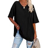 Larmliss Women's T Shirts Oversized V Neck Striped Tees Half Sleeve Casual Comfy Cozy Cotton Tunic Tops Summer