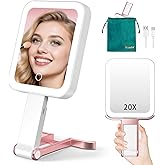 Mocado Travel Makeup Mirror with Lights,20X/1X Magnifying Mirror with Light, Double Sided Travel Mirror with 3 Color Light,Dimmable Touch,Lighted Makeup Mirror for Tabletop,Handheld,Hanging(Rose Gold)
