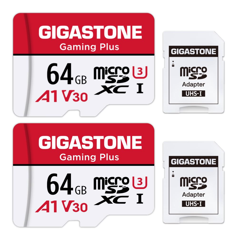 Gigastone 64GB Memory Card (2 Pack) Gaming Plus Series, Play Speed Up to 95MB/s. A1 U3 V30 Micro SDXC Card for Nintendo Switch Camera Full HD Video with SD Adapter.