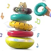 PANITU Baby Ring Stacker Toy, Musical Spinning Stacking Rings for 6M+ | Stack &amp; Spin; Lights &amp; Music. 4 Rings: Green Teether, Purple, Red &amp; Yellow Rattle. Tumbler Base Wobbles for Tummy Time Fun