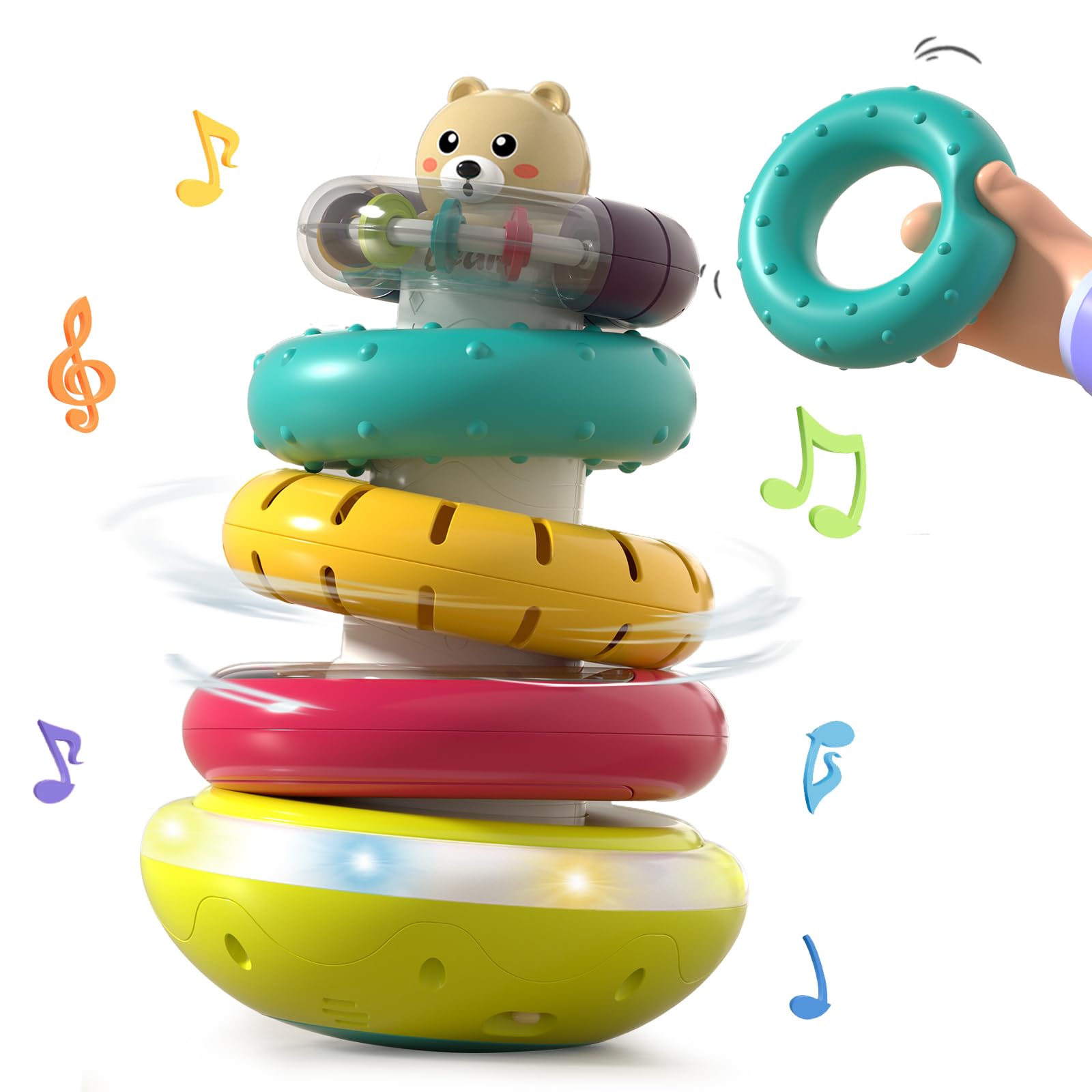 Rainbow Baby Stacking Rings, Electric Rotating Stacker Toys with Light & Music, Montessori Toy for Babies 6-12 Months, Early Learning Toy for Toddlers Age 1-3, 1 Year Old Boy and Girl Birthday Gifts