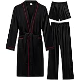 SWOMOG Mens 3 PCS Satin Robe with Pants & Shorts Set Kimono Bathrobe Long Sleeve Sleepwear Pjs Sets with Pockets