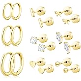 QElFC Hypoallergenic Surgical Steel Earrings for Sensitive Ears, 14K Gold Hoop Earrings Stacks for Cartilage Tragus Helix Piercing Jewelry, Small CZ Bow Heart Ball Flat Back Stud Earrings for Women
