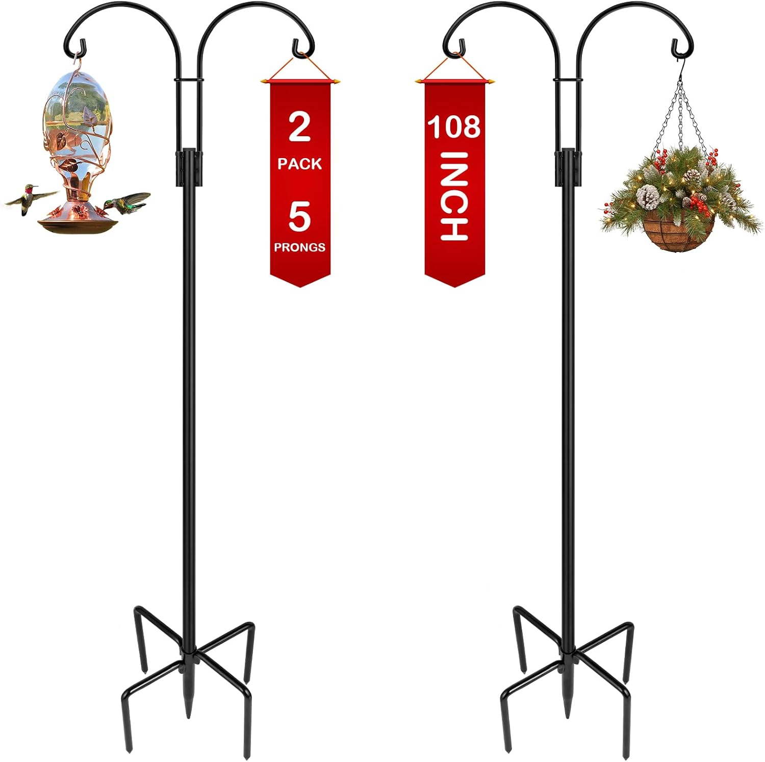 Outdoor Shepherd's Hooks - XDW-GIFTS Double Shepherds Hooks for Outdoor, 2-Pack Heavy Duty Garden Pole for Hanging Bird Feeder, Plant Baskets, Solar Light Lanterns, Garden Plant Hanger Stands with 17 Base Prongs