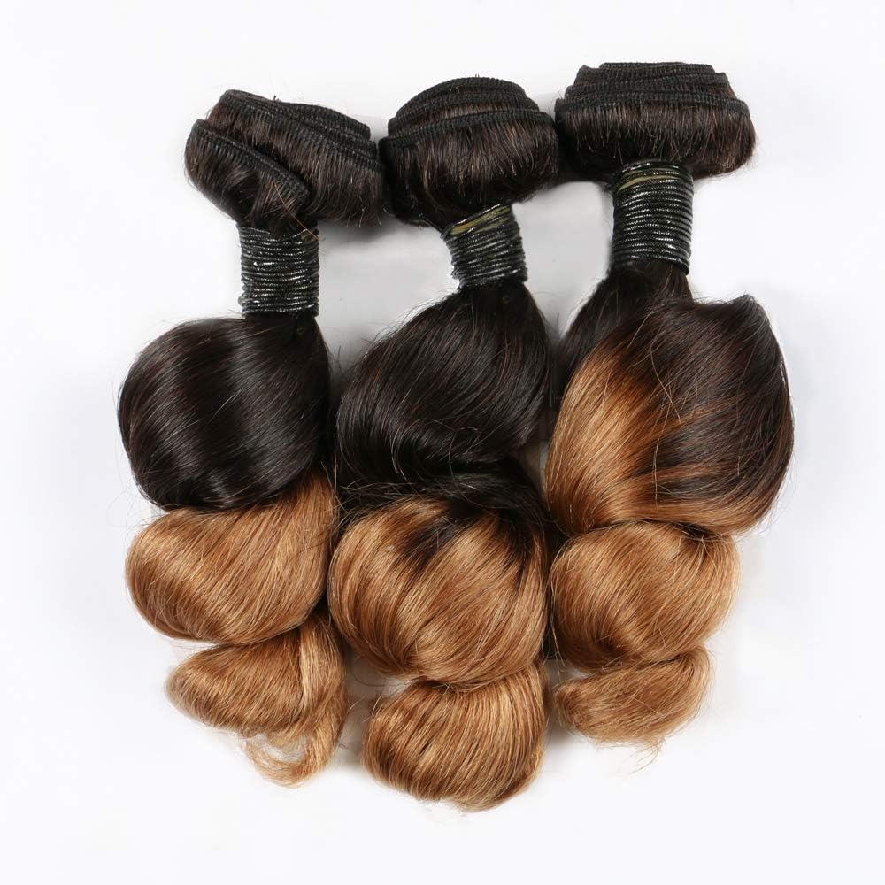 Amberhair Ombre Loose Wave Hair 3 Bundles Brazilian Virgin Hair Two Tone Color 1B/30 100% Unprrocessed Human Hair Weave (12 12 12inch, T1B/30)