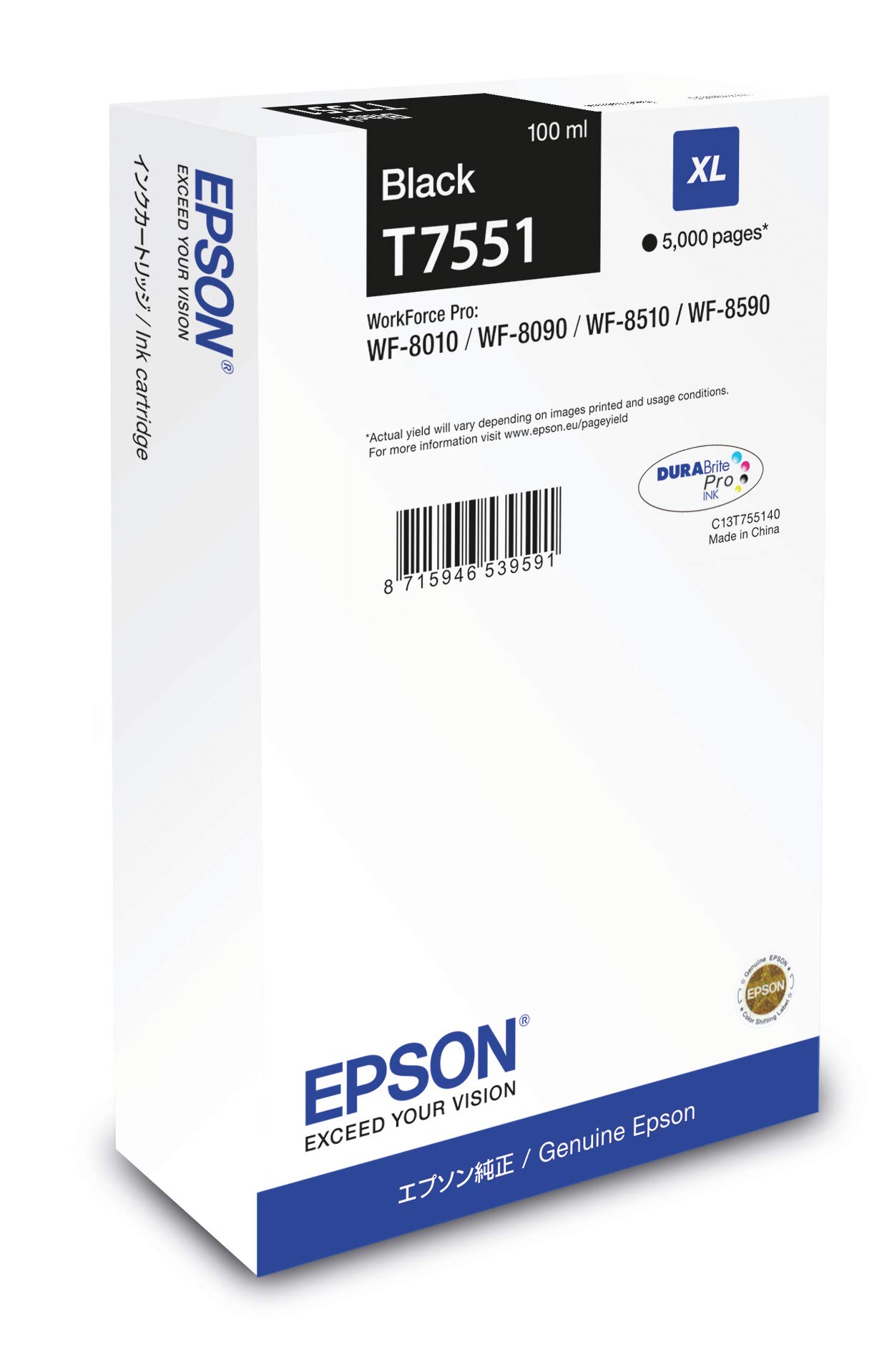 Epson T7551 Black Genuine, XL High Yield Ink Cartridge DuraBrite Ultra