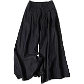 Hooever Women's Cotton Linen Culottes Pants Elastic Waist Wide Leg Palazzo Trousers Capri Pant