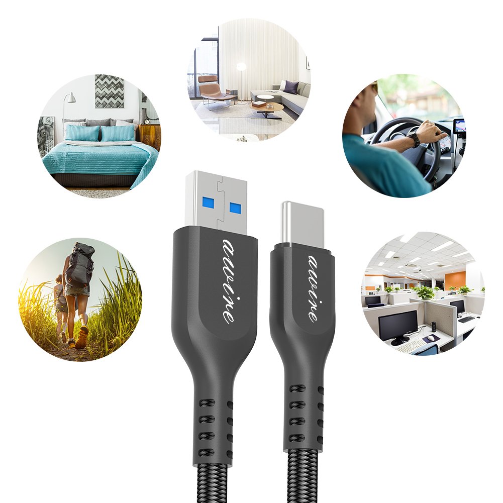 USB Type C Cable,Awire USB-C to USB 3.0 Nylon Braided Fast Charger Cord(3.3ft) for Galaxy S8 S8 Plus,Nexus 5X 6P,LG G6 V20 G5,Lumia 950 950XL,HTC 10,ZTE Zmax Pro,MacBook,Nintendo Switch (Black)