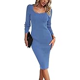 Yazinie Bodycon Sweater Dress Square Neck Long Sleeve Ribbed Knit Midi Dress for Women