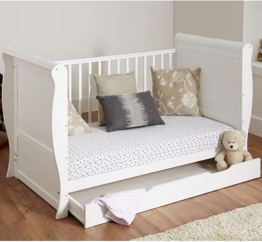 White Solid Sleigh Style Cot Bed & Deluxe Foam or Sprung Mattress Converts into a Junior Bed
