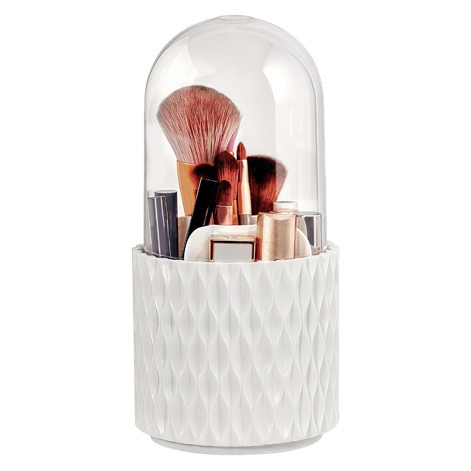 Terafeels Make Up Brush Holder with Lid Rotating Organiser Storage - 360 Rotating Makeup Organizer with Dustproof Spinning Cosmetic Storage Box for Lipstick Lip Gloss Eyeliner Bathroom White 1003