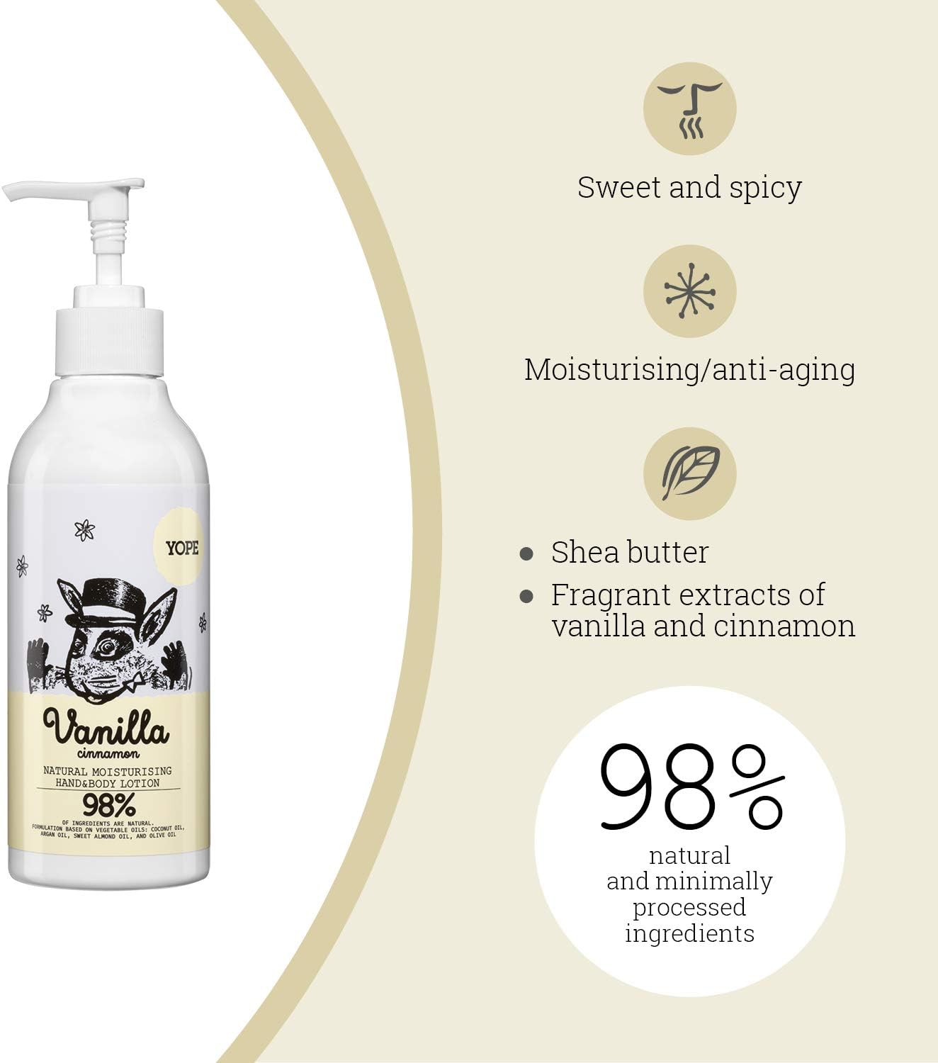YOPE Natural Body Lotion, Aloe Vera Extract, Shea Butter, Argan Oil, Dry Skin, 98% Natural ingredients, Vanilla and Cinnamon 300ml - Image 3