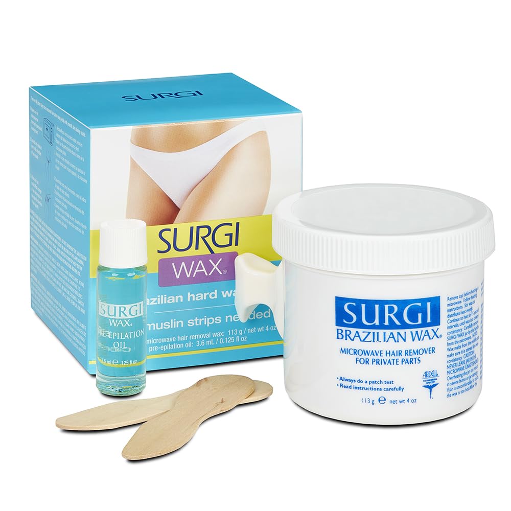 SURGI WAX Brazilian Hard Wax Kit 4oz, Waxing Kit for Hair Removal with pre-elipation Oil (82563)