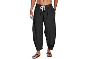 COOFANDY Men's Cotton Linen Harem Pants Drawstring Casual Cropped Trousers Lightweight Loose Beach Yoga Pants with Pockets