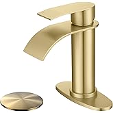 SLOUMKI Brushed Gold Waterfall Bathroom Faucet Single Hole, Gold Bathroom Faucet for Sink 1 Hole with 6 in Deck Plate and Pop Up Drain and Supply Hose, Modern Bathroom Sink Faucet，SL5002BG