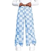 WDIRARA Girl's Checkered Straight Leg Baggy Jeans Elastic High Waist Denim Pants