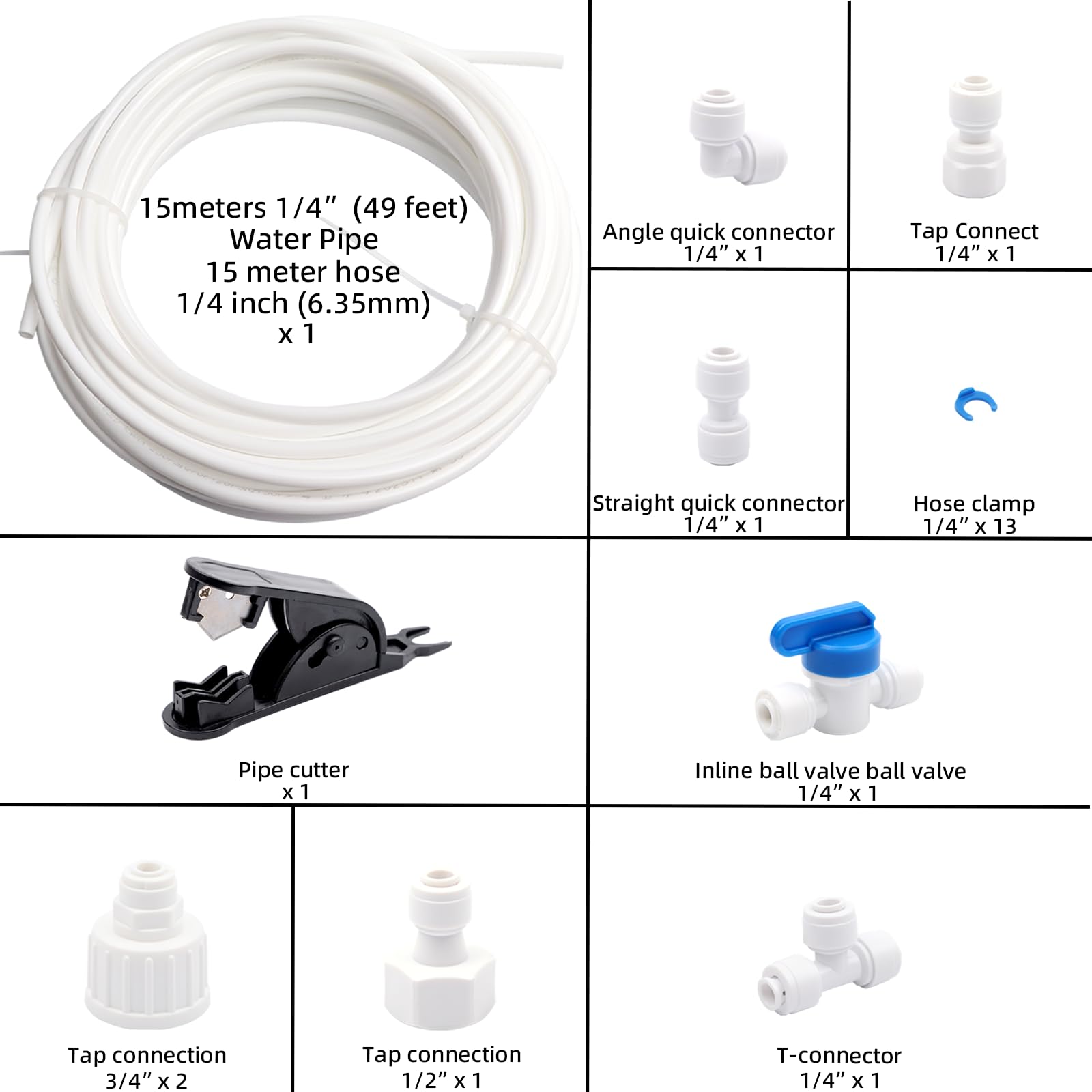 AMZSKU 15m Wasserzulaufleitung Universal Anschluss-Set für Kühlschrank Side by Side. Kühlschrankschlauch, Wasserschlauch 6,35mm(1/4") 2
